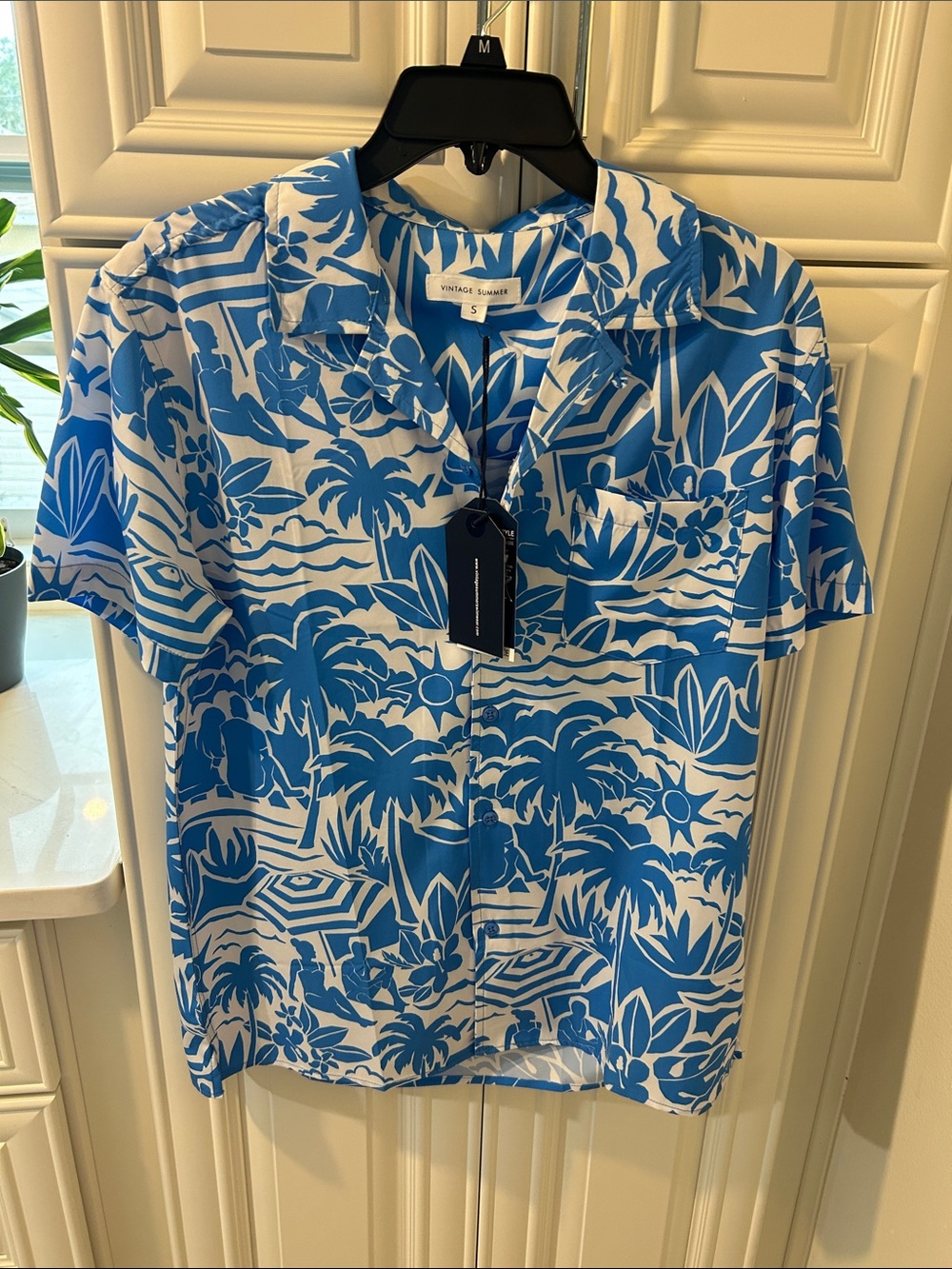 Vintage Summer Men's Blue & White Tropical Camp Shirt